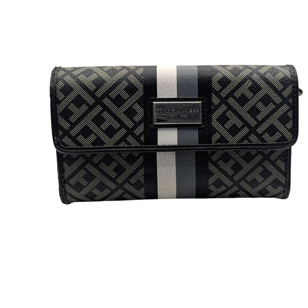 Tommy Hilfiger Womens Wallet Black Geometric‎ Stripe Snap Closure Coin Pocket